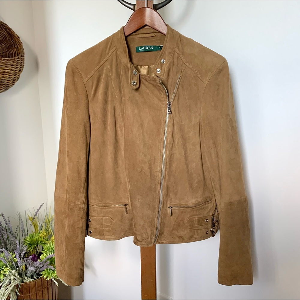 Lauren Ralph Lauren Vintage Suede Leather Biker Moto Jacket Brown 12 MED LG